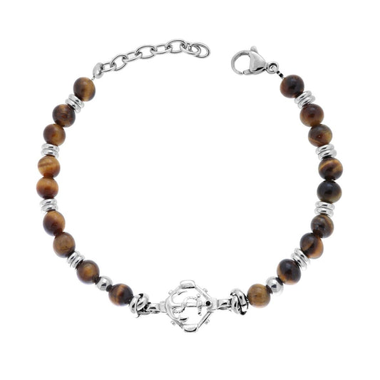 Bracciale Catena con Pietre Naturali colore Occhio di Tigre e Ancora in ACCIAIO