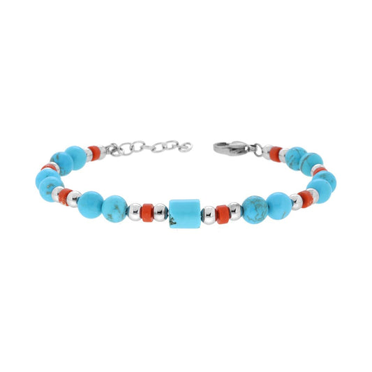 Bracciale Catena con Pietre Naturali Turchese e Corallo e accessori in ACCIAIO