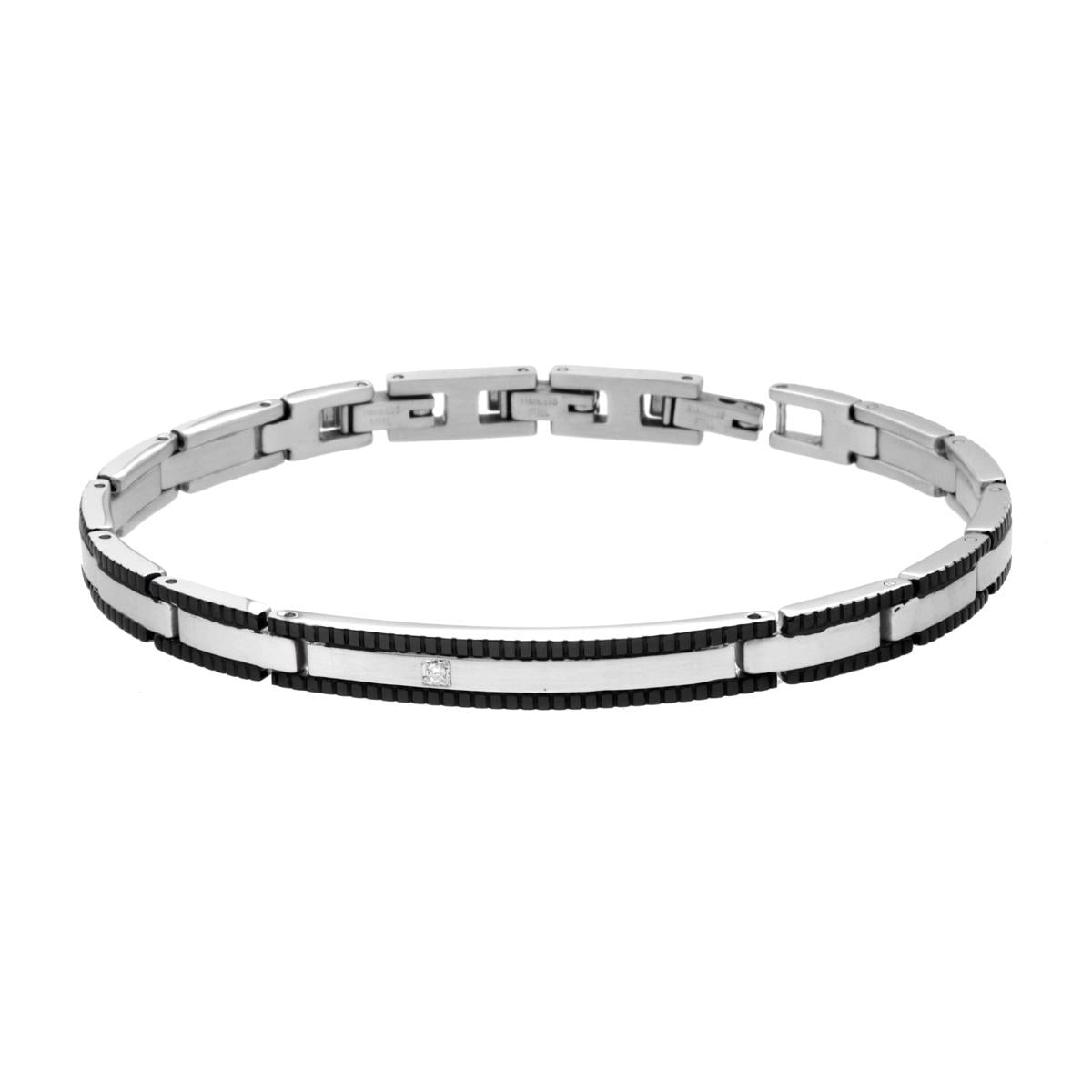 Bracciale Uomo Catena Imperniata Nero con Targa e Crystal Bianco in ACCIAIO