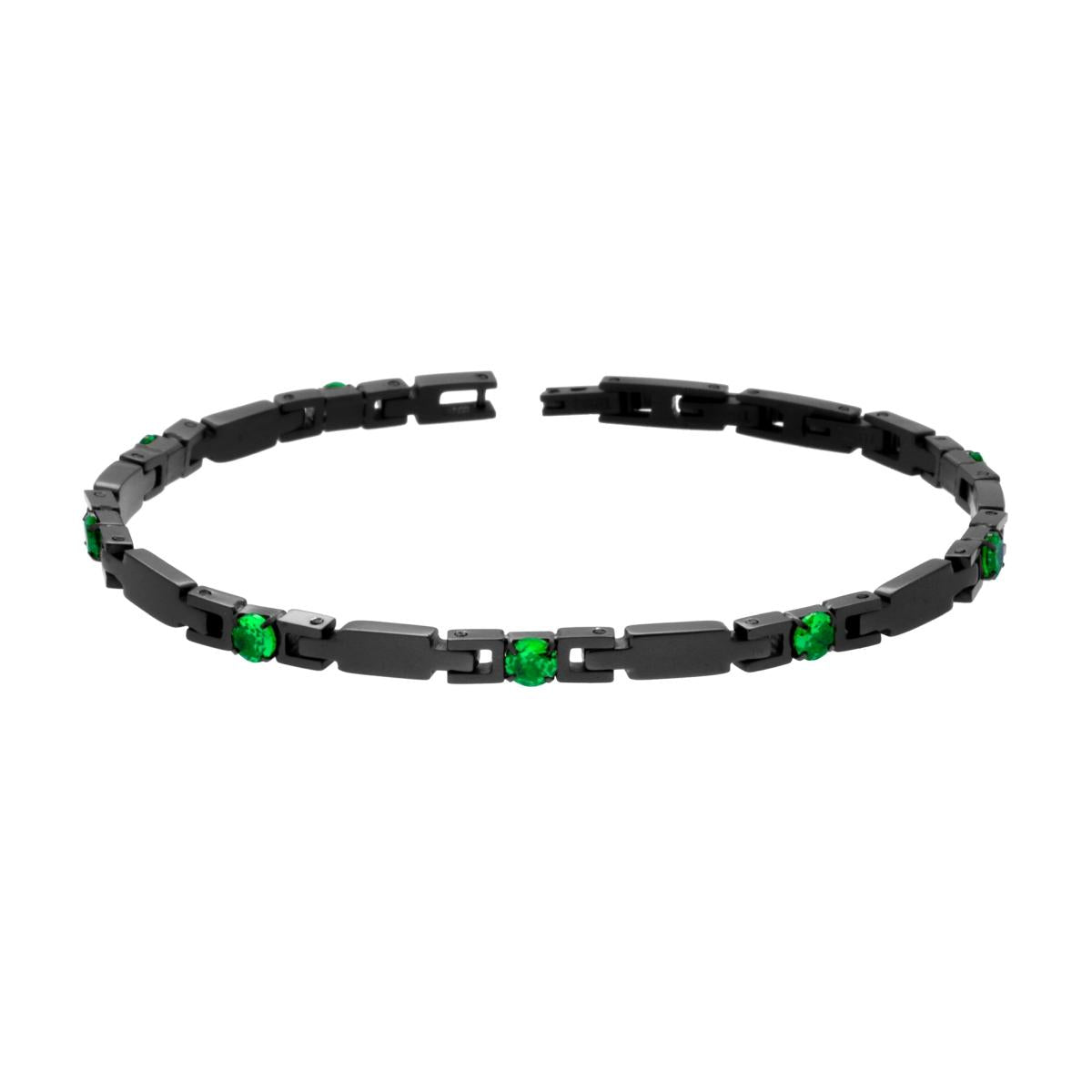 Bracciale Uomo Catena Imperniata con Crystal Verde Smeraldo in ACCIAIO colore Nero
