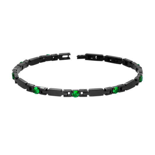 Bracciale Uomo Catena Imperniata con Crystal Verde Smeraldo in ACCIAIO colore Nero