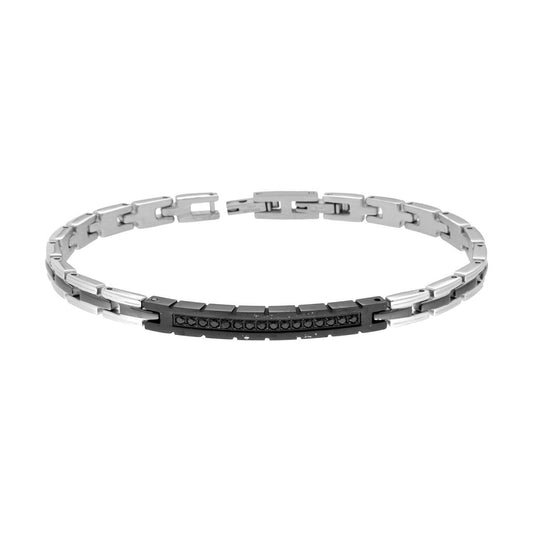 Bracciale Uomo Catena Imperniata con Targa Nera e Crystal Neri in ACCIAIO