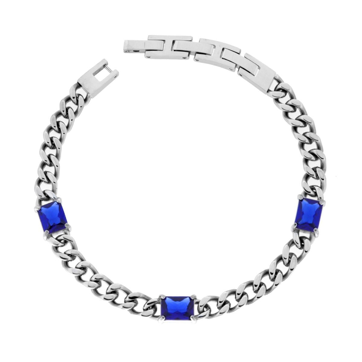 Bracciale Uomo Catena Grumetta con Crystal Rettangolari Blu Zaffiro in ACCIAIO