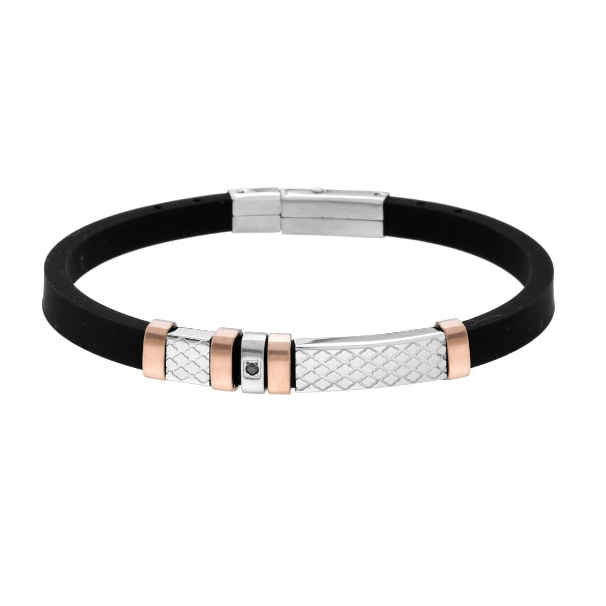 Bracciale Uomo in Caucciu PVC Nero e Targa con dettagli Geometrici e Crystal Nero in ACCIAIO