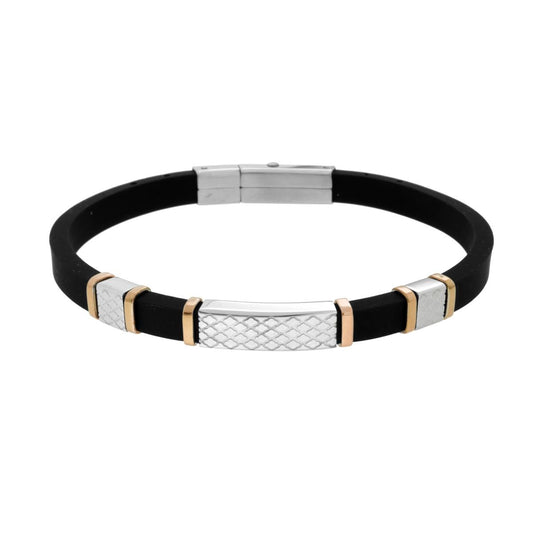 Bracciale Uomo in Caucciu PVC Nero e Targa con dettagli Geometrici e Accessori Rosč in ACCIAIO