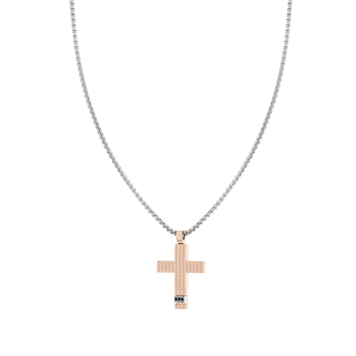 Collana Uomo Catena Veneziana Tonda con Croce Quadrettata Rosa con Crystal Neri in ACCIAIO