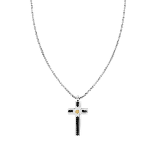Collana Uomo Catena Veneziana Tonda con Croce con Crystal Neri in ACCIAIO