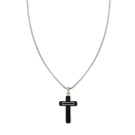 Collana Uomo Catena Veneziana Tonda con Croce Nera con Crystal Neri in ACCIAIO