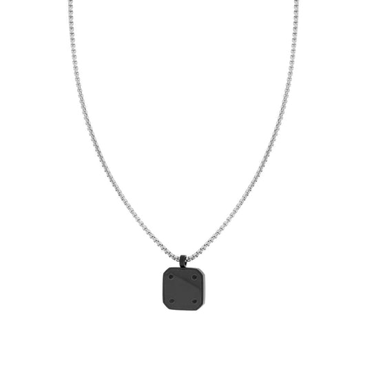 Collana Uomo Catena Veneziana Tonda con Piastra Quadrata Nera in ACCIAIO