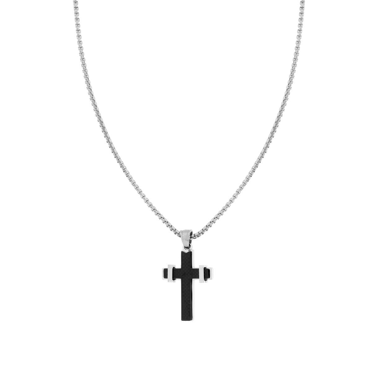 Collana Uomo Catena Veneziana Tonda con Croce Quadrettata Nera in ACCIAIO