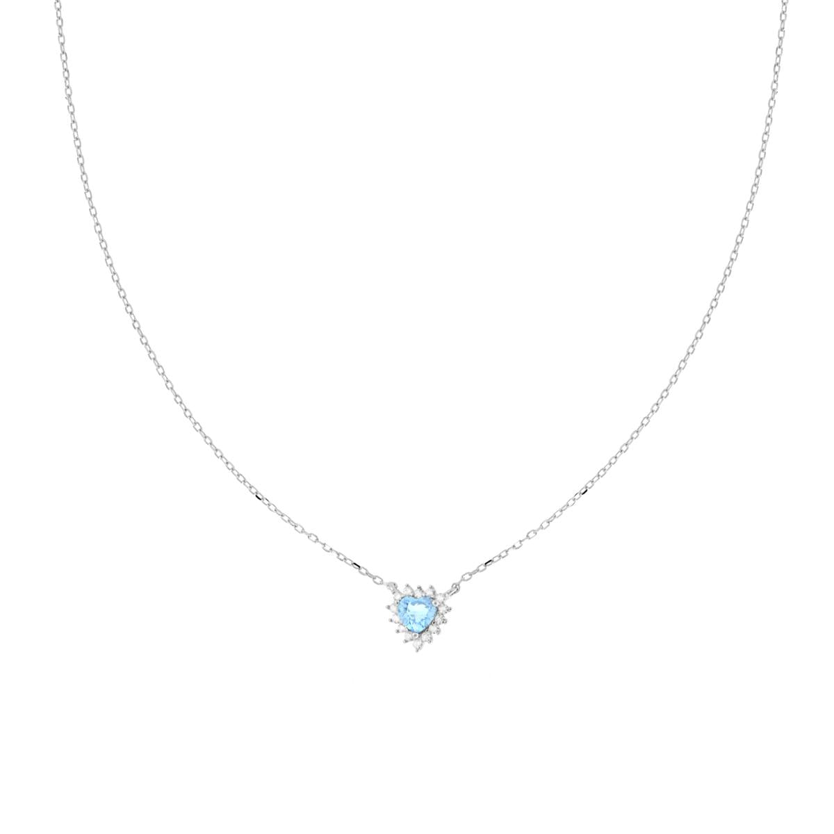 Collana Catena Forzatina Diamantata con Cuore Acquamarina contornato da Cubic Zirconia Bianchi in ARGENTO 925 Galvanica Rodio