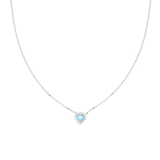 Collana Catena Forzatina Diamantata con Cuore Acquamarina contornato da Cubic Zirconia Bianchi in ARGENTO 925 Galvanica Rodio