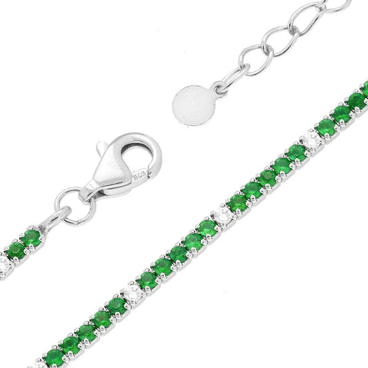 Bracciale Tennis Griffe cm 16+3 con Zirconi mm 1.5 alternati Verde Smeraldo e Bianchi in ARGENTO 925 Galvanica Rodio