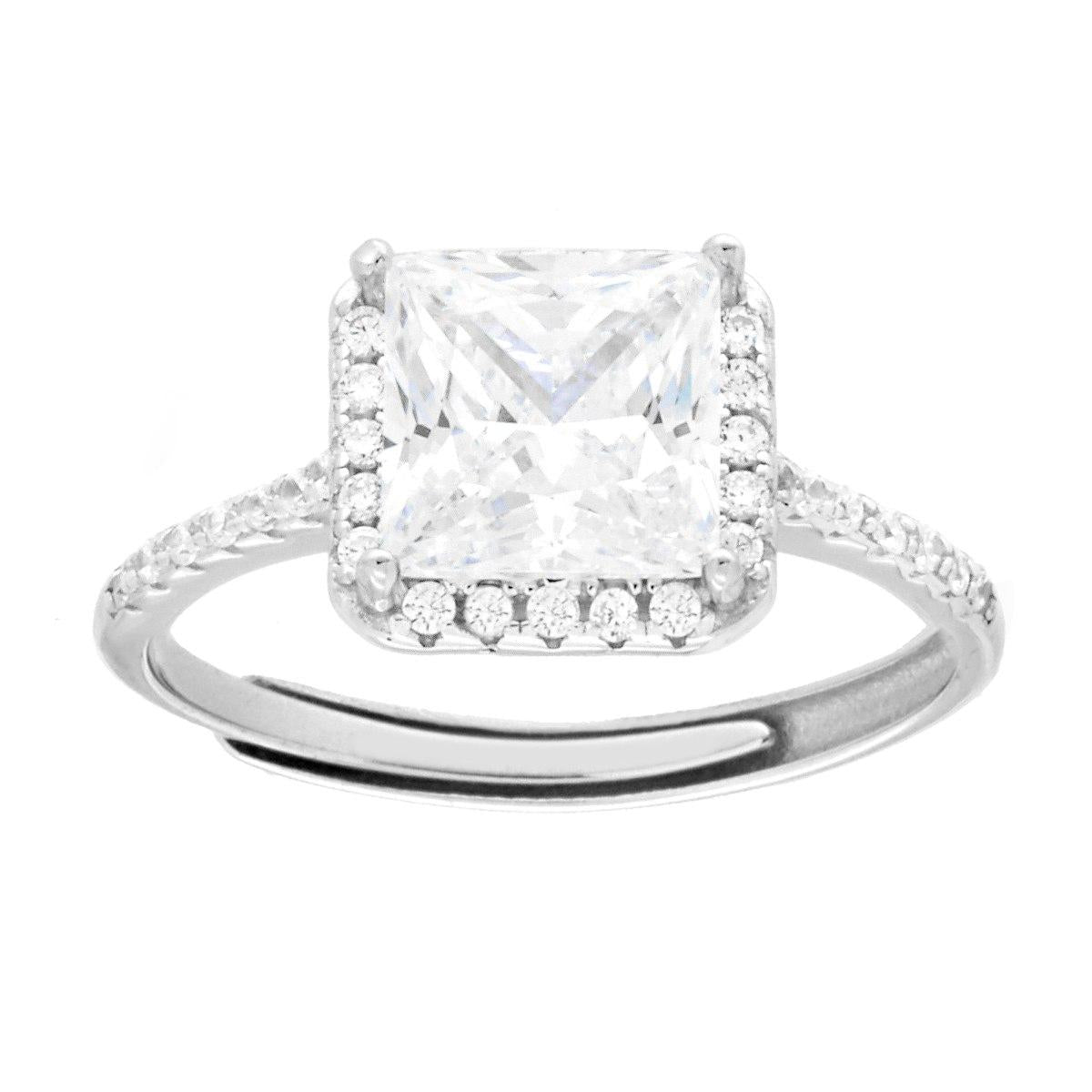 Anello Solitario con Cubic Zirconia quadrato Bianco in ARGENTO 925 Galvanica Rodio