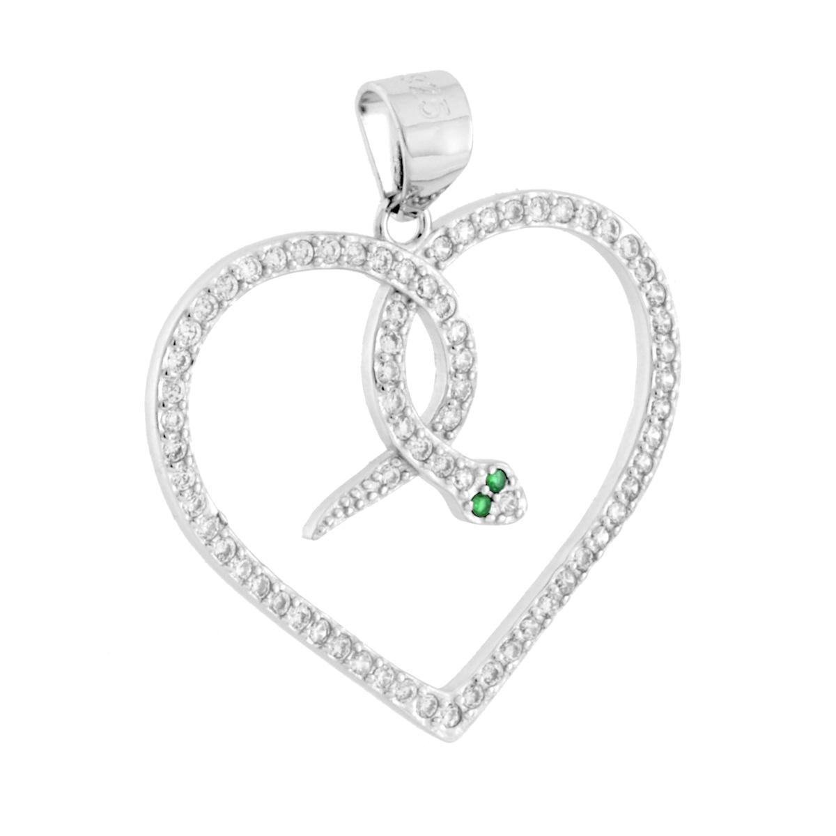 Ciondolo serpente a forma di cuore con cubic zirconia incastonati, bianchi e verde smeraldo su occhi.