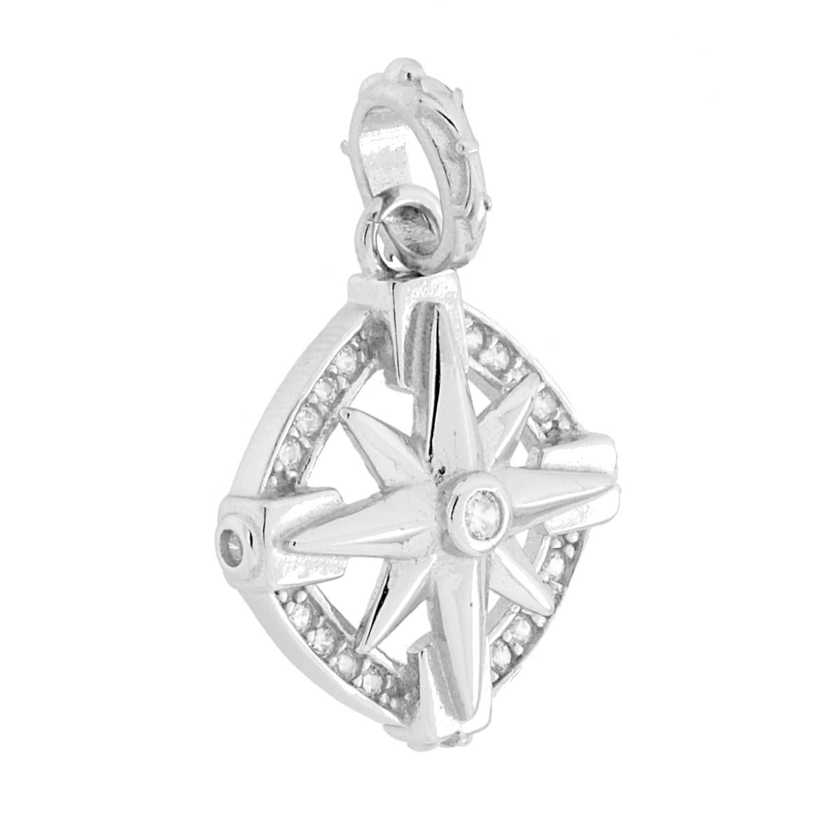 Ciondolo a forma di Rosa dei Venti con finitura lucida e con cubic zirconia bianchi incastonati.<BR>