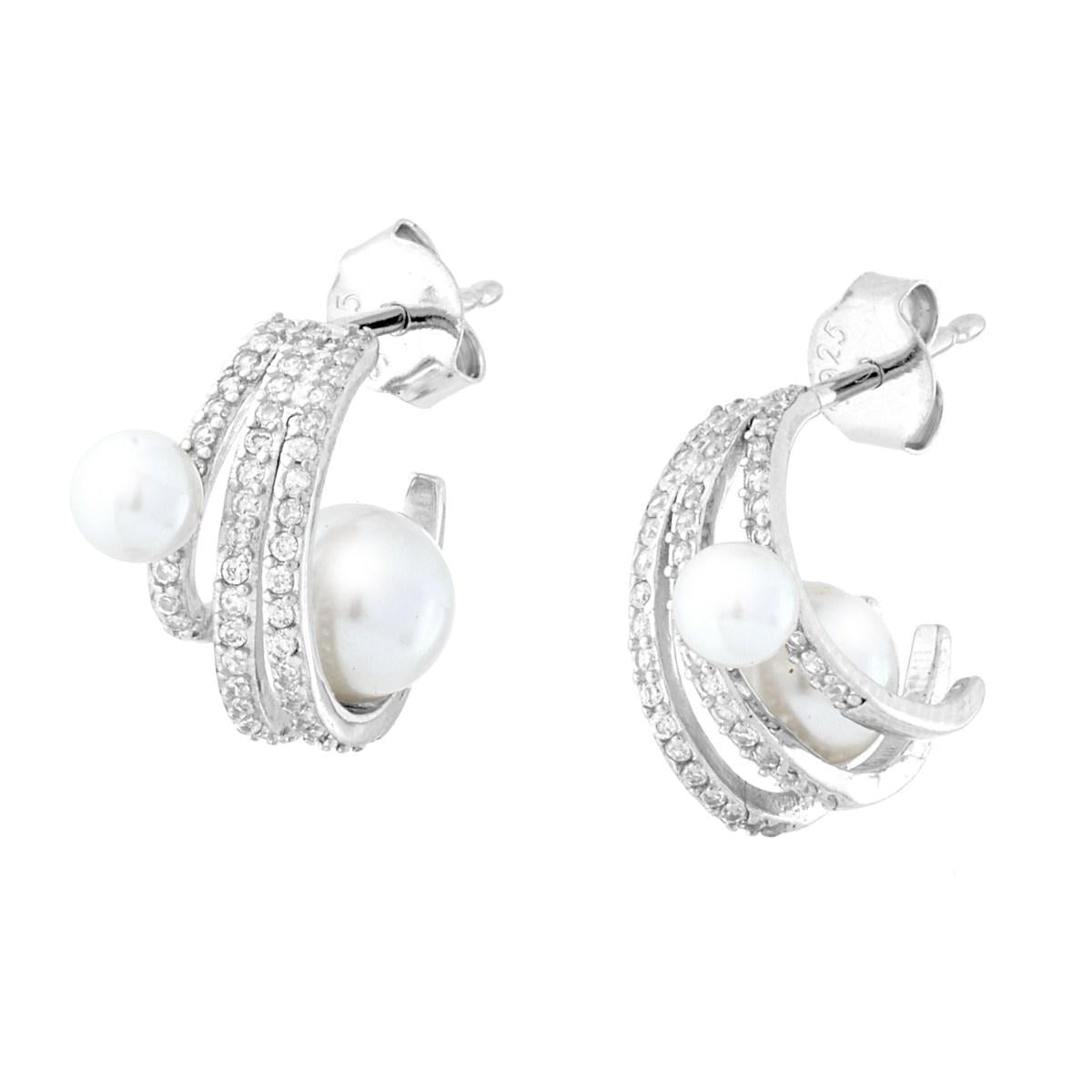 Orecchini Cerchi con Perle e Cubic Zirconia Bianchi in ARGENTO 925 Galvanica Rodio