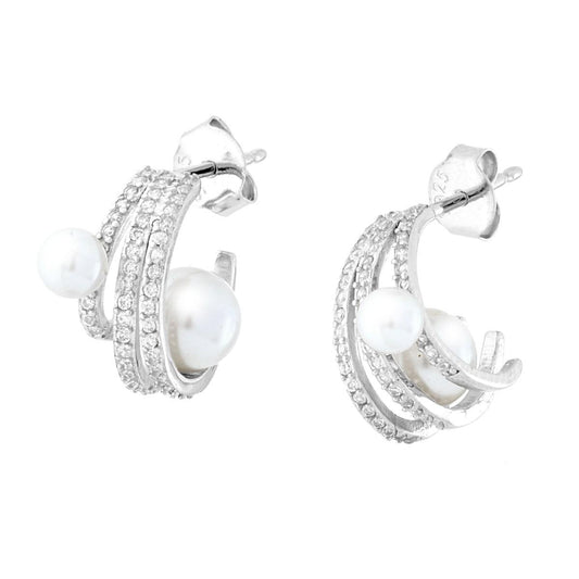 Orecchini Cerchi con Perle e Cubic Zirconia Bianchi in ARGENTO 925 Galvanica Rodio