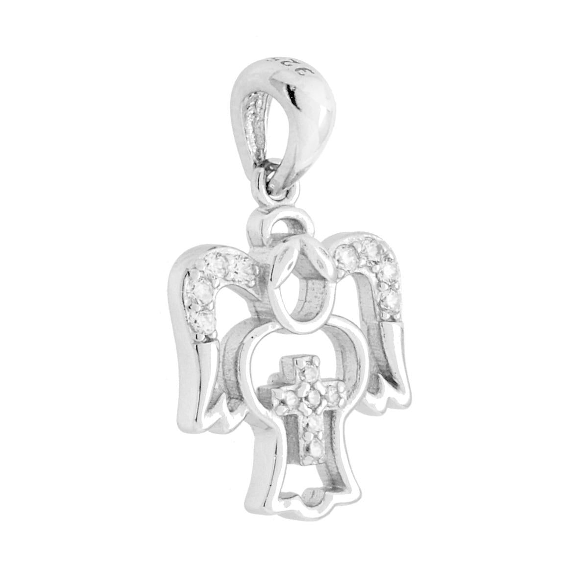 Ciondolo a forma di angelo con finitura liscia e lucida e con croce con cubic zirconia bianchi incastonati.<BR><BR>