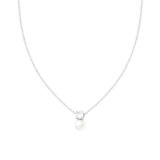 Collana Catena Forzatina Diamantata con Perla e Punto Luce Cubic Zirconia Bianco in ARGENTO 925 Galvanica Rodio