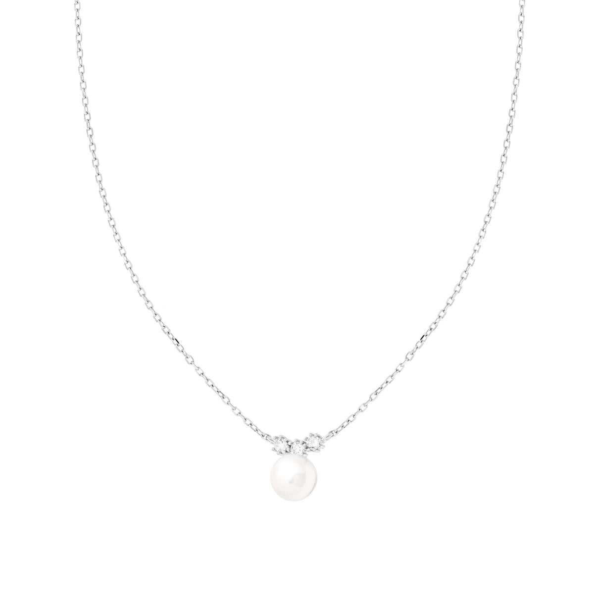 Collana Catena Forzatina Diamantata con Perla e Trilogy Cubic Zirconia Bianco in ARGENTO 925 Galvanica Rodio