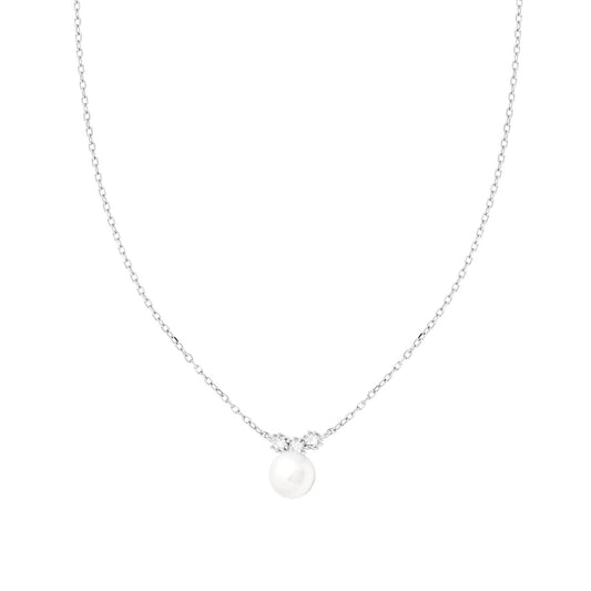 Collana Catena Forzatina Diamantata con Perla e Trilogy Cubic Zirconia Bianco in ARGENTO 925 Galvanica Rodio
