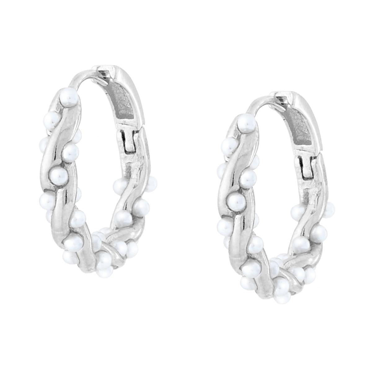 Orecchini Cerchio a Scattino Treccia con Perle in ARGENTO 925 Galvanica Rodio