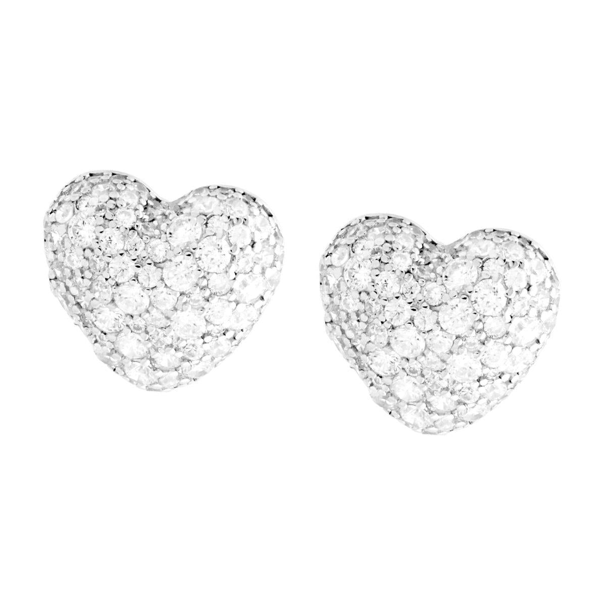 Orecchini Cuore Bombato con Cubic Zirconia Bianchi in ARGENTO 925 Galvanica Rodio