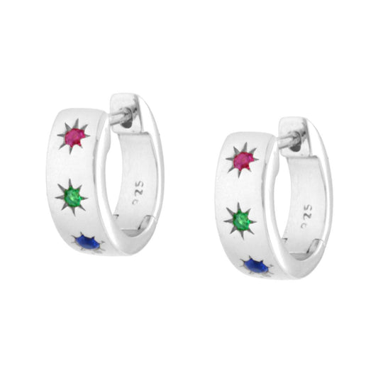 Orecchini Cerchio scattino con Stelle Cubic Zirconia Multicolor in ARGENTO 925 Galvanica Rodio