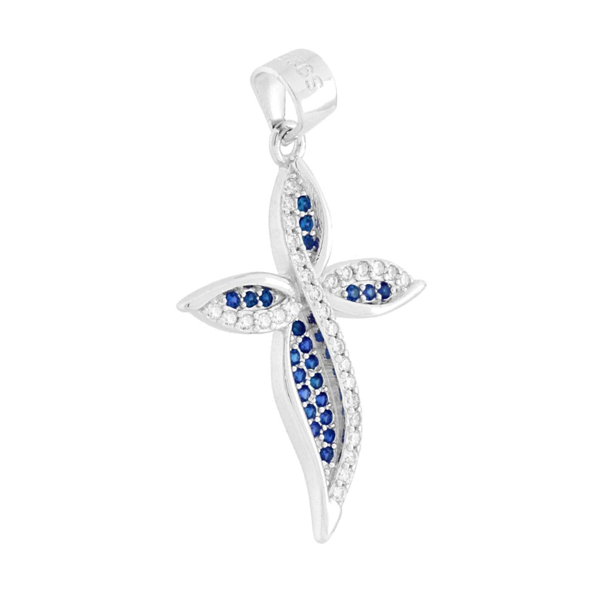 Ciondolo croce a forma di foglie con cubic zirconia colore bianco e Blu Zaffiro incastonati.