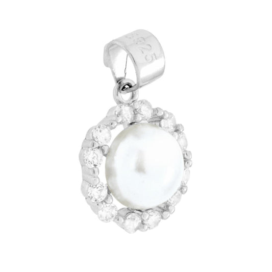 Ciondolo di forma tonda con perla bianca con cubic zirconia bianchi incastonati intorno.