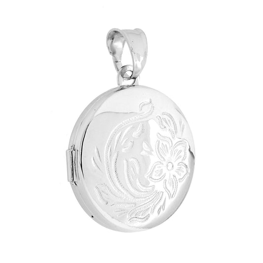 Ciondolo Portafoto di forma Tonda bombato con decoro floreale con lavorazione laser e lucida, apribile con all' interno due piccoli contenitori uguali e coincidenti.<BR>Perfetti per custodire i ricordi pi belli!!<BR>Made in Italy
