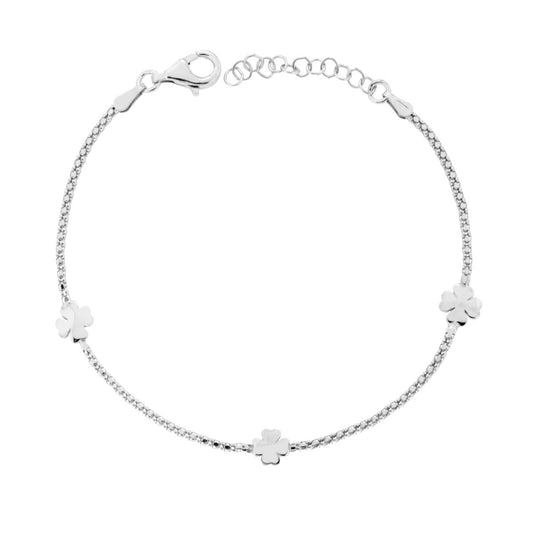 Bracciale Catena Coreana Diamantata con Quadrifogli in ARGENTO 925 Galvanica Rodio