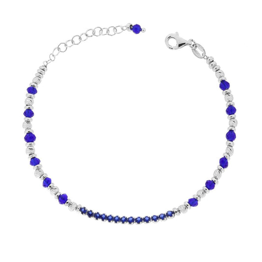 Bracciale Catena Palline Diamantate con Cubic Zirconia e Crystal Blu Zaffiro in ARGENTO 925 Galvanica Rodio