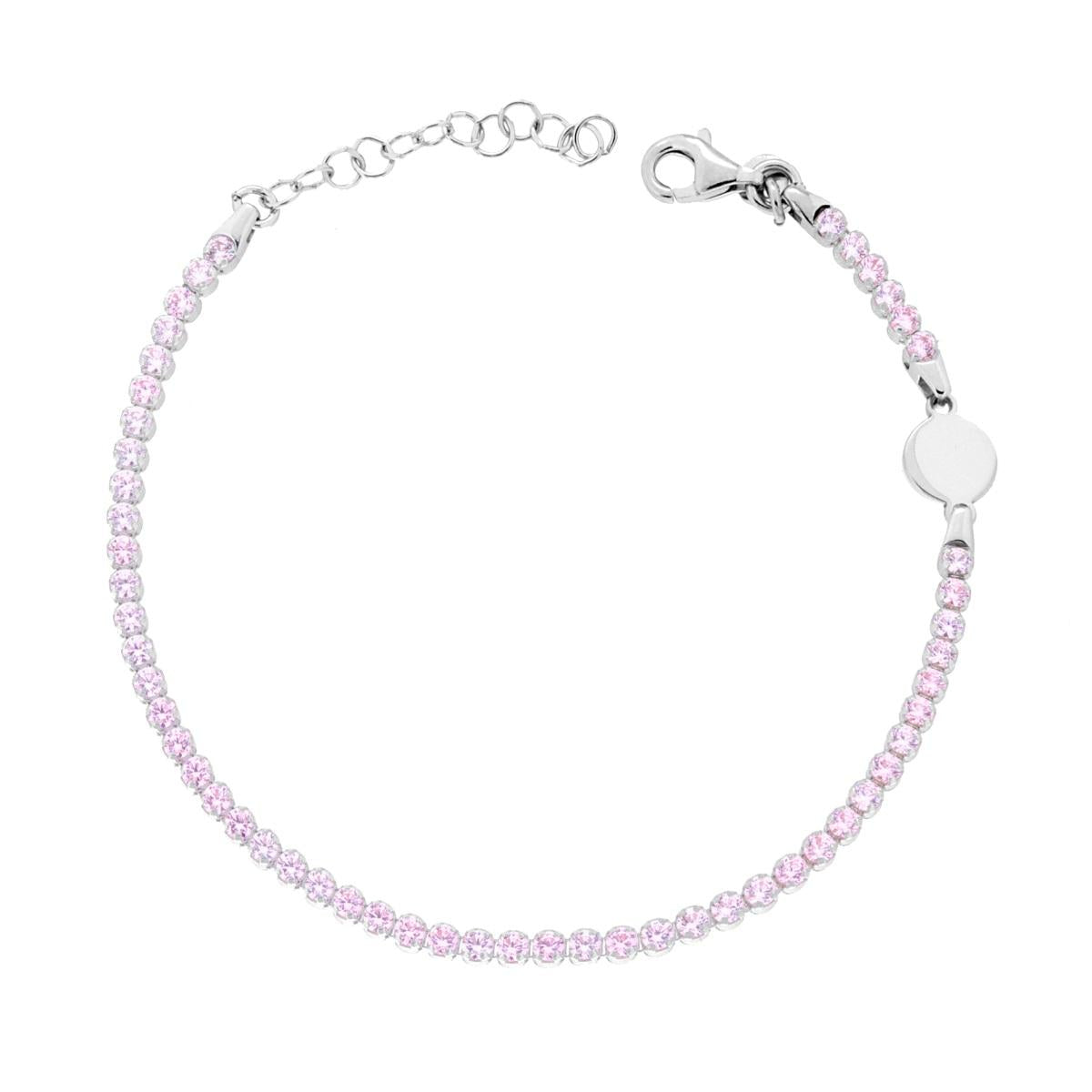 Bracciale Tennis Griffe con Cubic Zirconia Rosa con Piastrina Tonda in ARGENTO 925 Galvanica Rodio