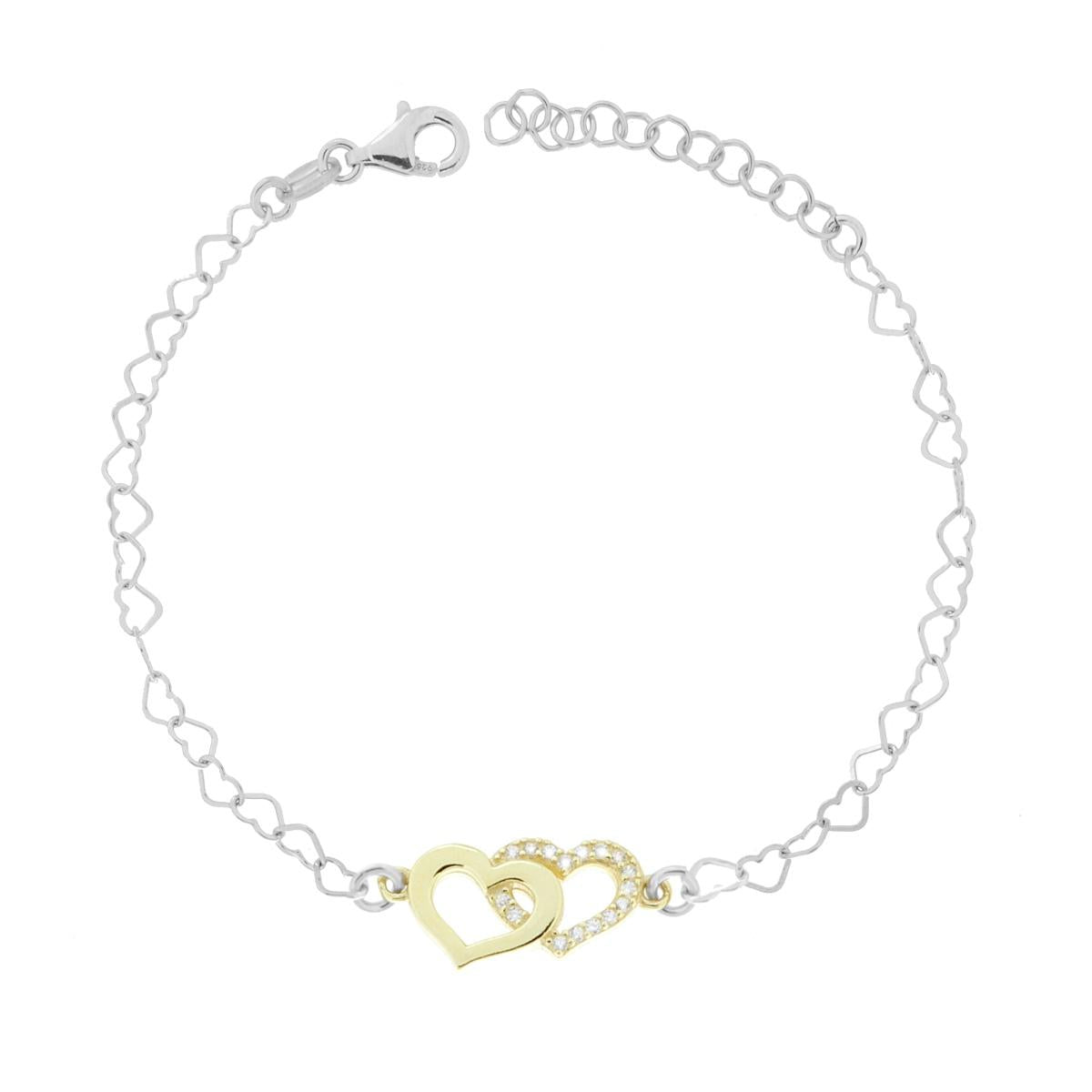 Bracciale Catena Cuori e Cubic Zirconia Bianchi in ARGENTO 925 Galvanica Rodio e Oro