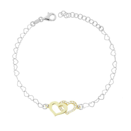 Bracciale Catena Cuori e Cubic Zirconia Bianchi in ARGENTO 925 Galvanica Rodio e Oro