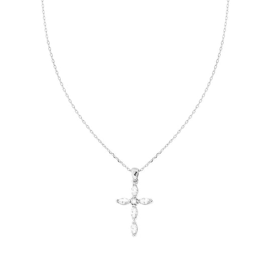 Collana Catena Forzatina Diamantata con Croce e Cubic Zirconia Marquise Bianchi in ARGENTO 925 Galvanica Rodio