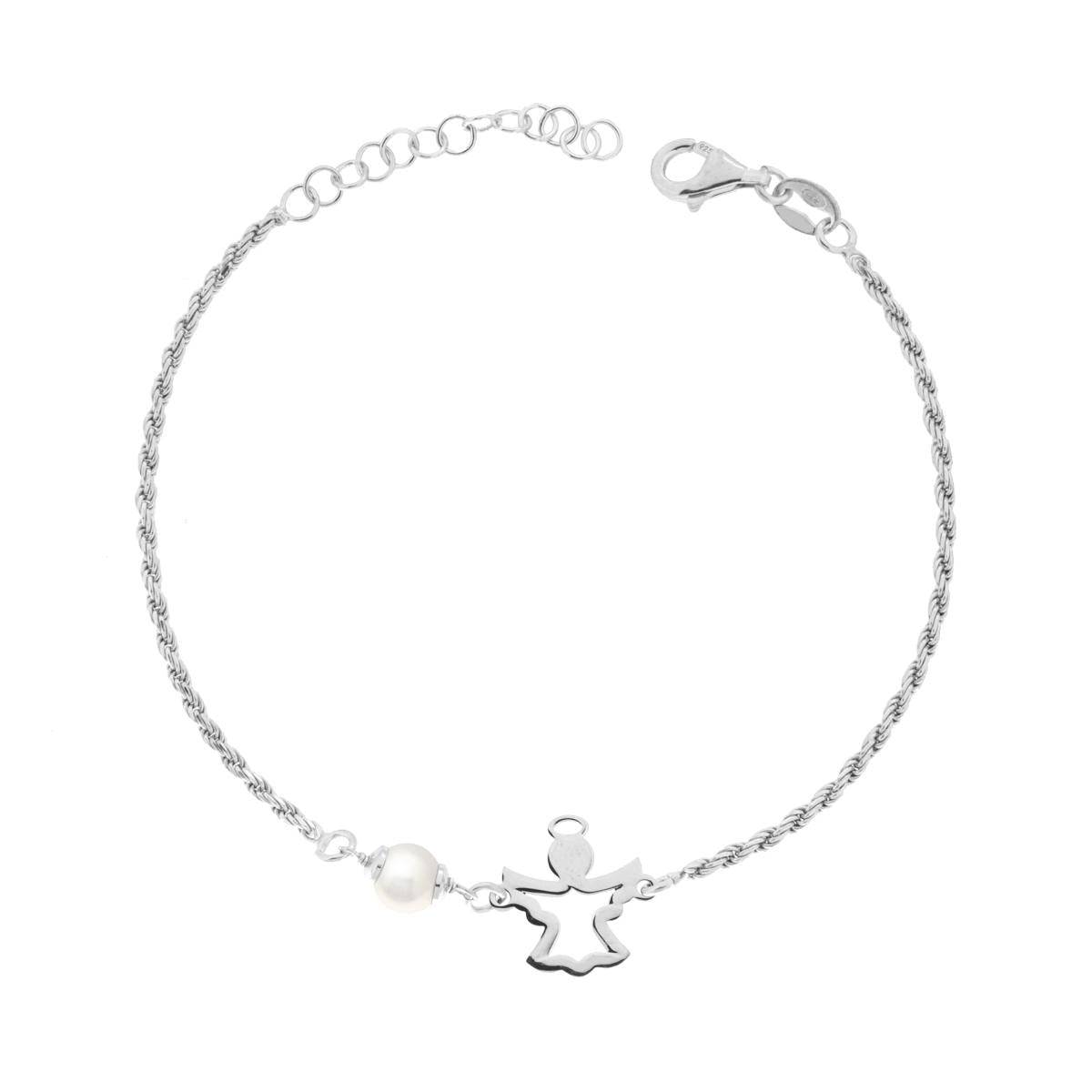 Bracciale Catena Corda Diamantata con Angelo e Perla in ARGENTO 925 Galvanica Rodio