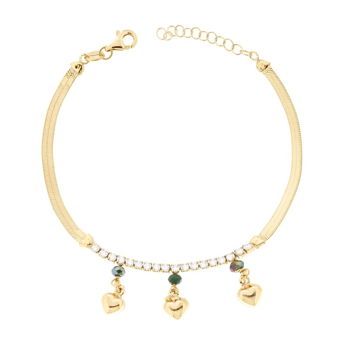 Bracciale Catena Magik con Tennis Cubic Zirconia Bianchi e Cuori bombati pendenti in ARGENTO 925 Galvanica Oro