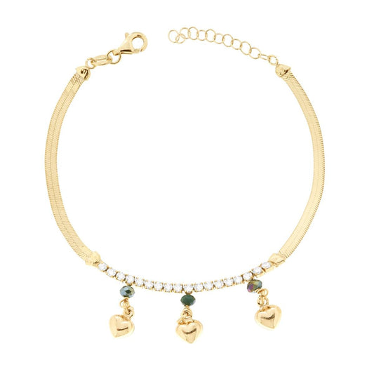 Bracciale Catena Magik con Tennis Cubic Zirconia Bianchi e Cuori bombati pendenti in ARGENTO 925 Galvanica Oro