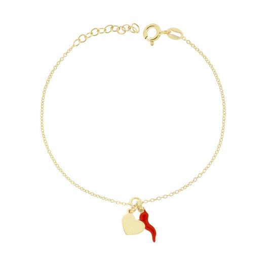 Bracciale Catena Rolo con Corno Smalto Rosso e Cuore Portafortuna pendenti in ARGENTO 925 Galvanica Oro