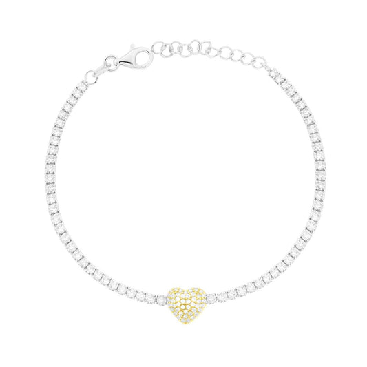 Bracciale Tennis Griffe Cuore con Cubic Zirconia Bianchi in ARGENTO 925 Galvanica Rodio e Oro