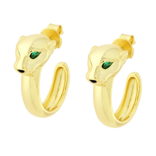 Orecchini Cerchio Leone con Pietre naturali Verde Smeraldo in ARGENTO 925 Galvanica Oro