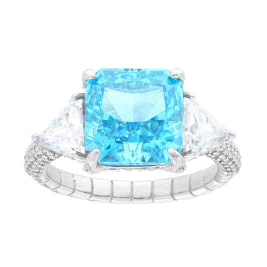 Anello Solitario Quadrato Acquamarina con con Cubic Zirconia Bianchi Triancolari in ARGENTO 925 Galvanica Rodio