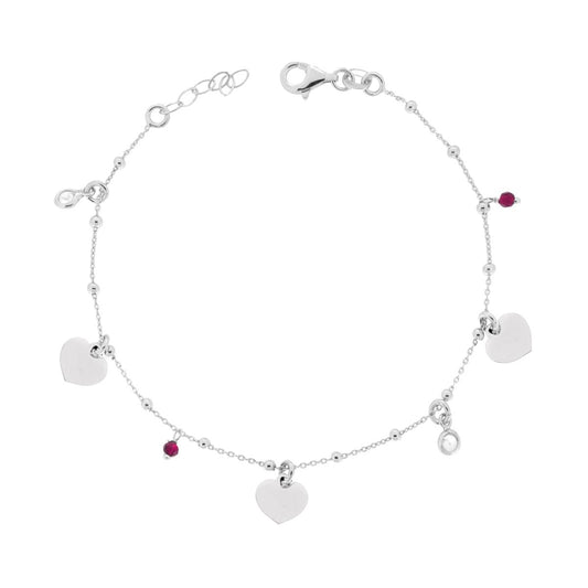 Bracciale Catena Forzatina con Cuori plain pendenti Crystal Rosso Rubino e Cubic Zirconia Bianchi in ARGENTO 925 Galvanica Rodio