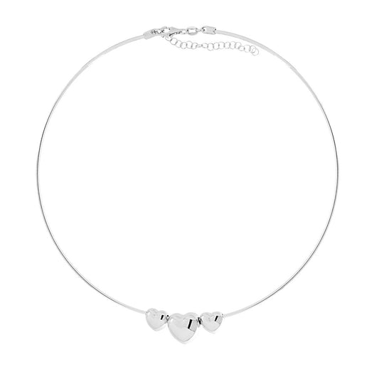 Collana Rigida Filo mm 1,5 con tre Cuori Bombati passanti in ARGENTO 925 Galvanica Rodio