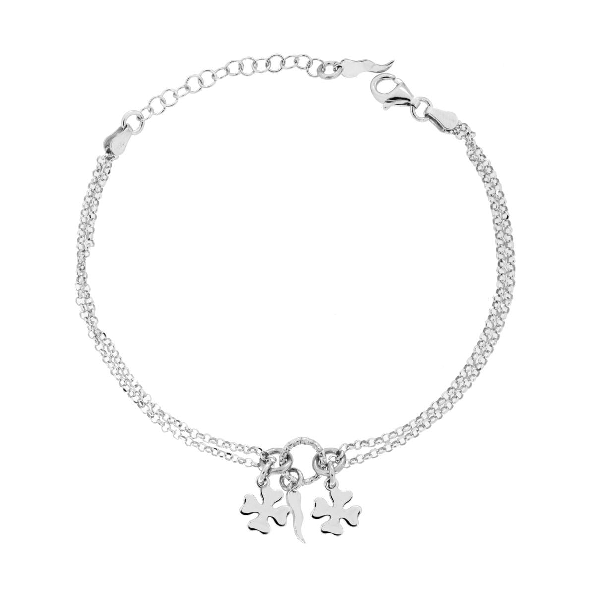 Bracciale Catena due fili Rolo Diamantata con Quadrifogli e Corno plain pendenti in ARGENTO 925 Galvanica Rodio