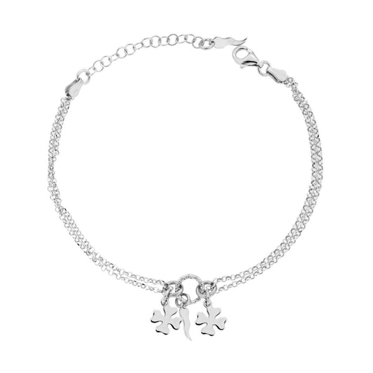 Bracciale Catena due fili Rolo Diamantata con Quadrifogli e Corno plain pendenti in ARGENTO 925 Galvanica Rodio