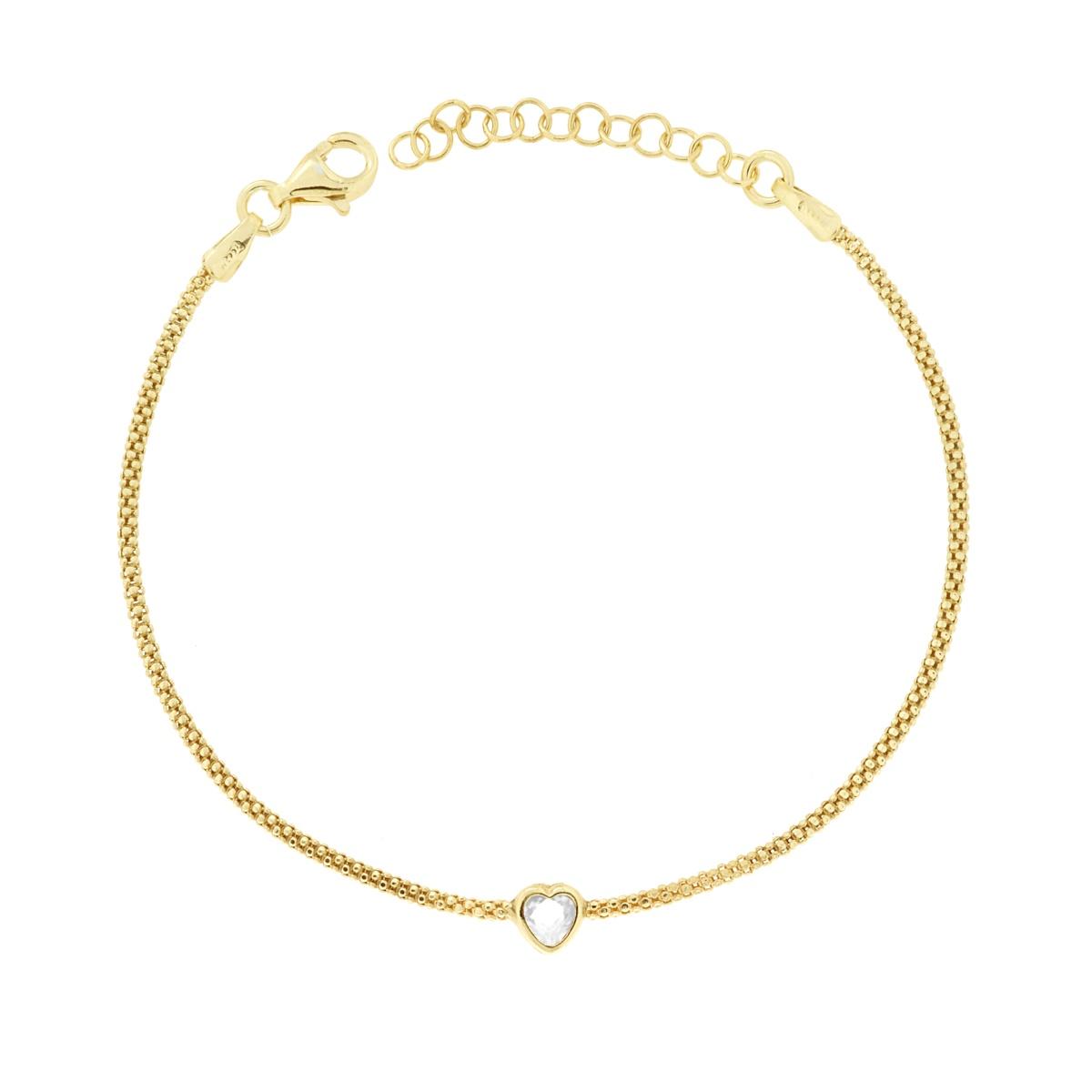 Bracciale Catena Coreana con Cuore Cubic Zirconia Bianco in ARGENTO 925 Galvanica Oro